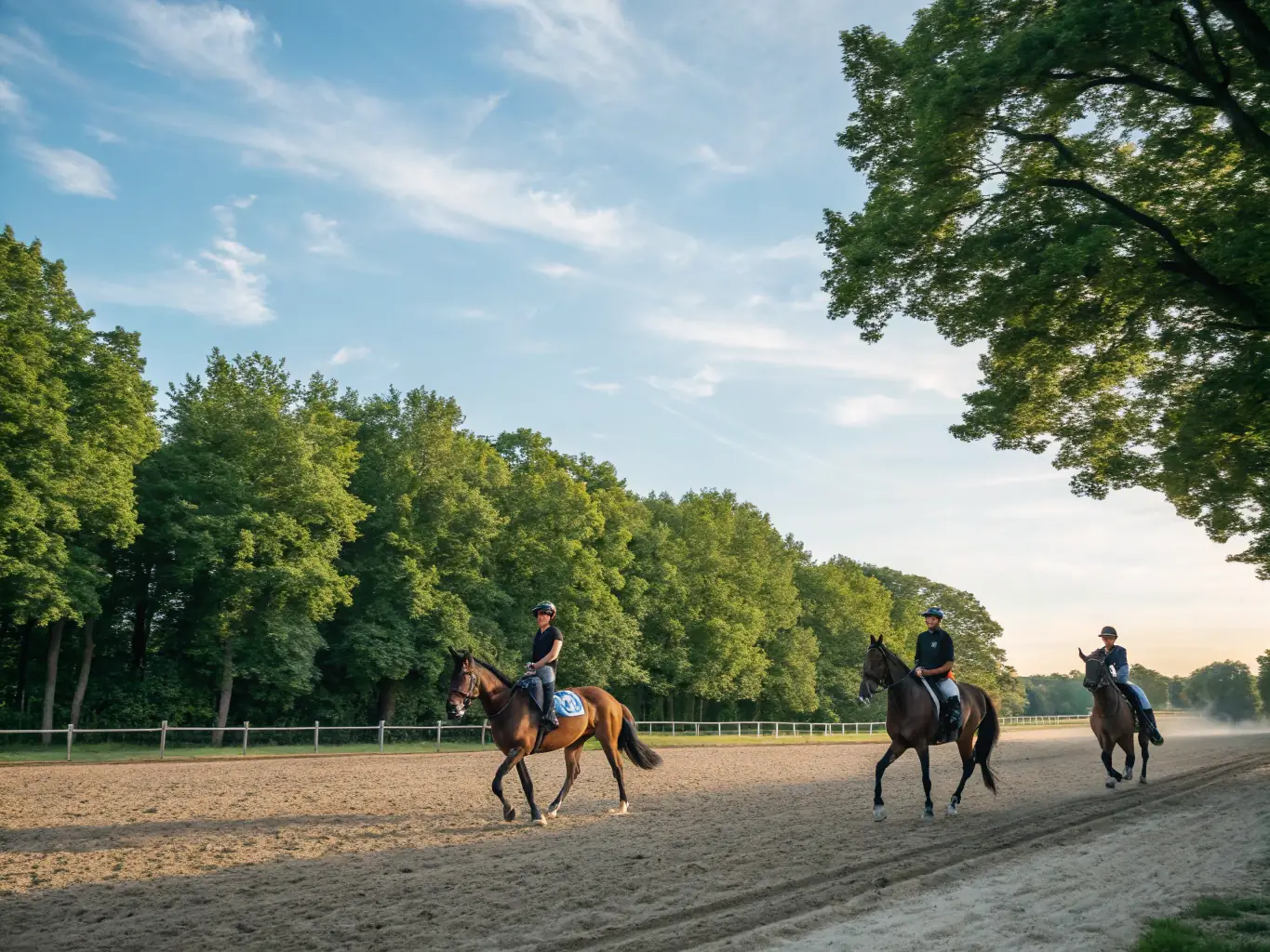A group of riders from diverse backgrounds enjoying a horseback riding session, emphasizing accessibility and inclusivity in equestrian activities.