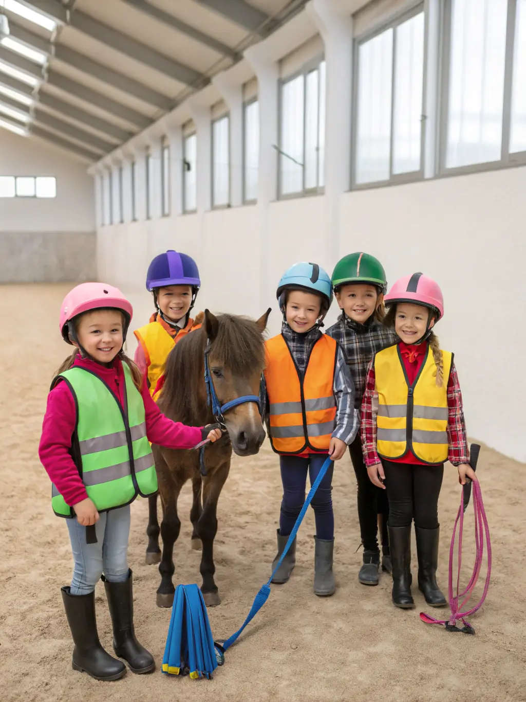 A group of children learning basic horse care, such as grooming and feeding, in a safe and supervised environment at LE CARROU'ZELE DE SAINT FRONT.