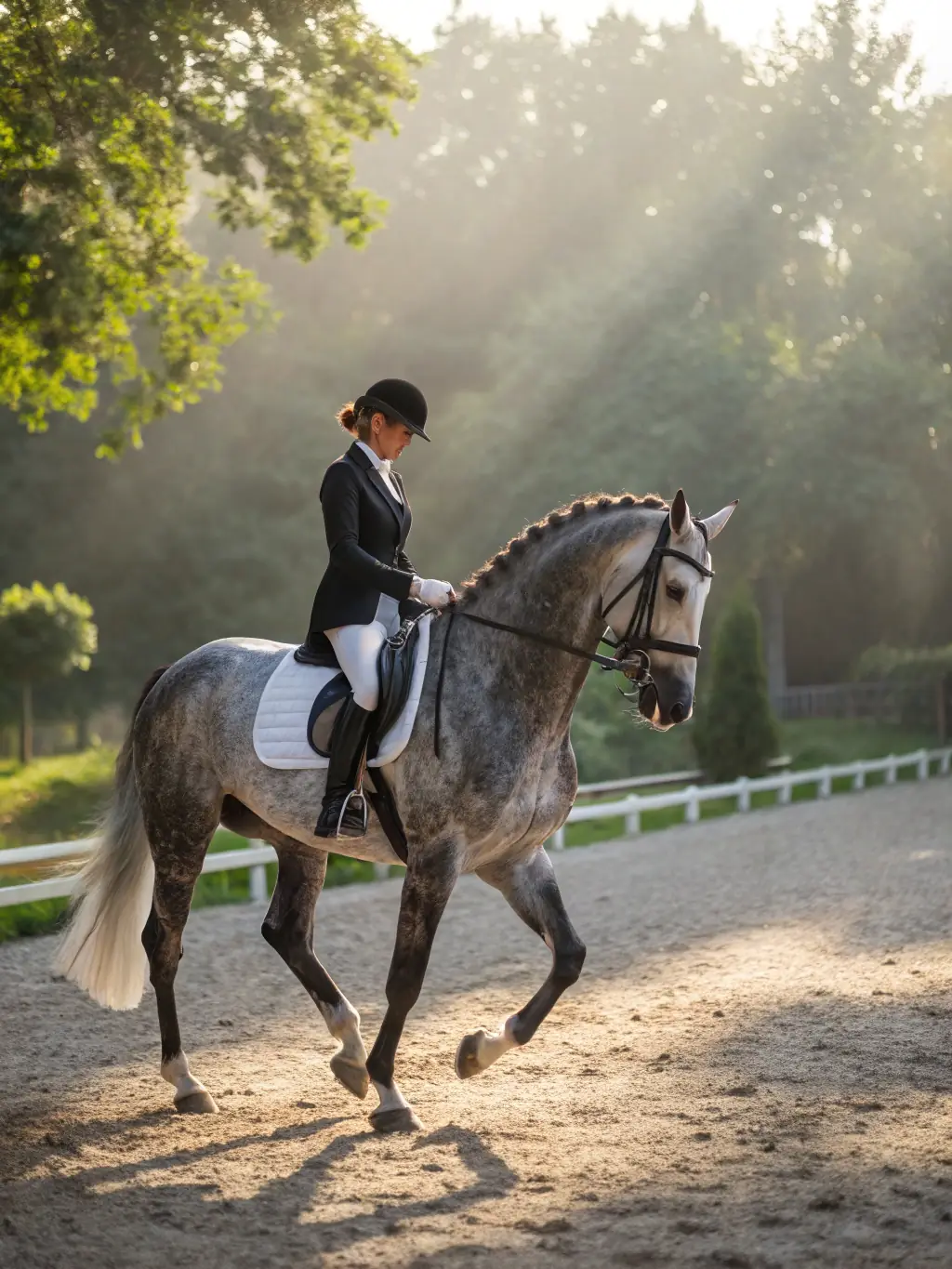 A rider participating in a dressage competition, showcasing precision and elegance in movement at an event organized by LE CARROU'ZELE DE SAINT FRONT.